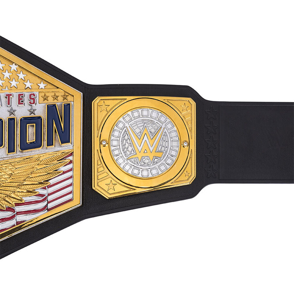 WWE United States Championship belt with gold and silver plates on black strap by Championship Belt Store