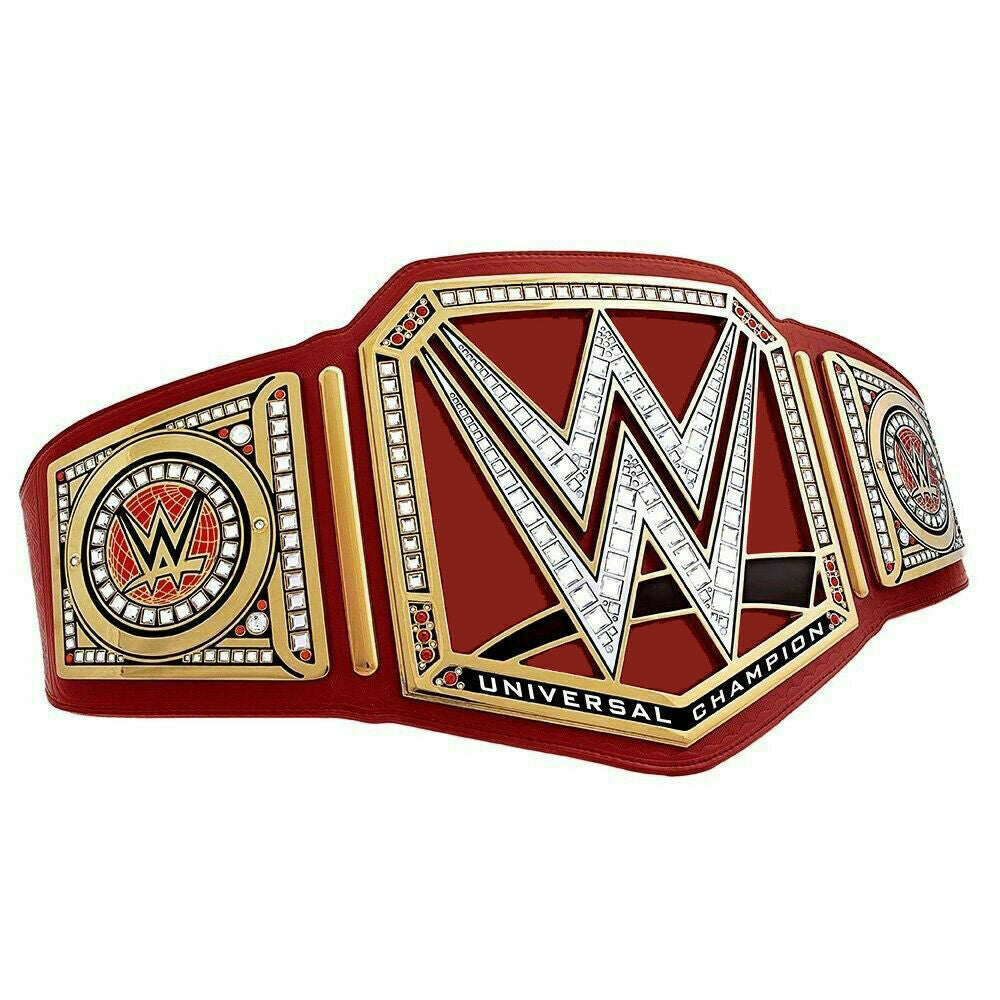 WWE Universal Championship belt with red strap and detailed gold and silver design from Championship Belt Store