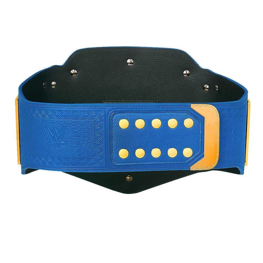 Blue WWE Universal Championship belt with gold studs and detailed embossing by Championship Belt Store