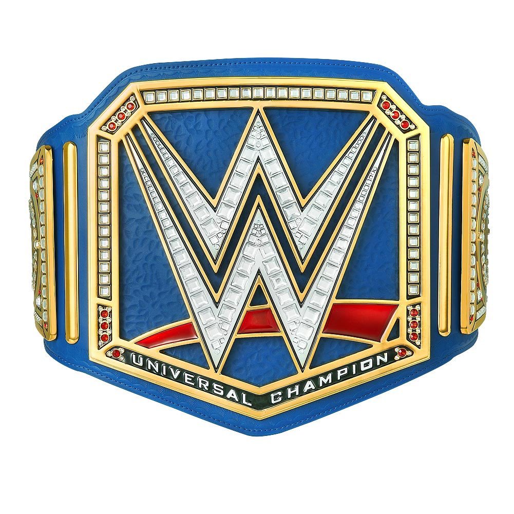 WWE Universal Championship belt with blue strap and gold detailed plates by Championship Belt Store