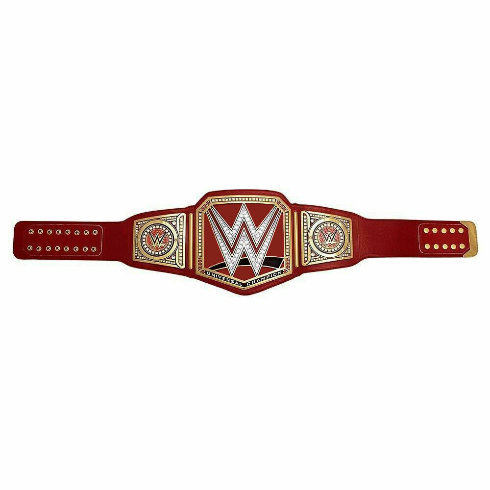 WWE Universal Championship belt with red strap and detailed gold and silver plating by Championship Belt Store