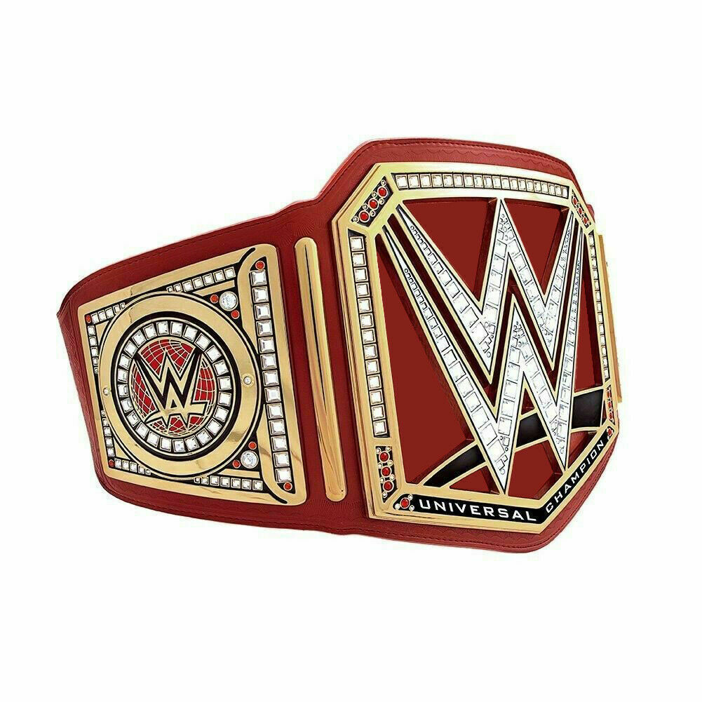 WWE Universal Championship belt with red leather strap and detailed gold and silver plating