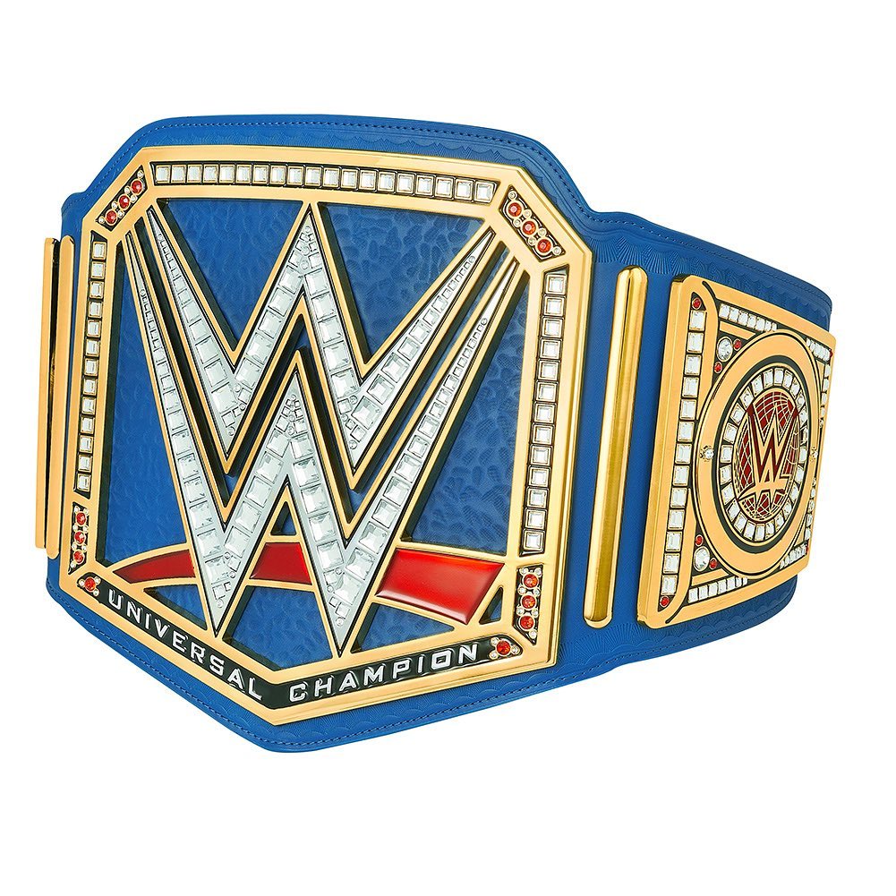 WWE Universal Championship belt with blue strap and detailed gold and silver design by Championship Belt Store