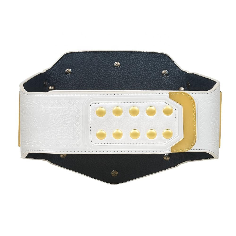 Back view of WWE Women's Championship belt with white strap and gold studs by Championship Belt Store