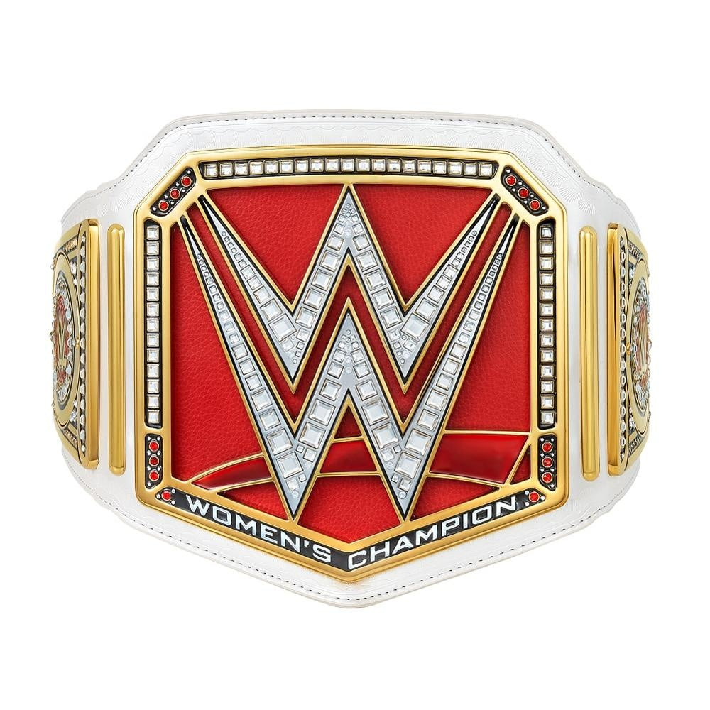 WWE Women's Championship belt with white strap and detailed gold and red design by Championship Belt Store