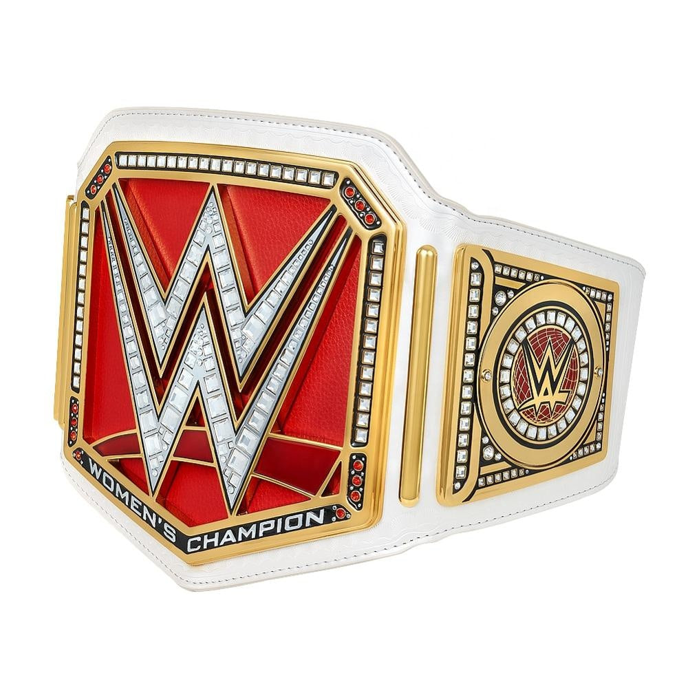 WWE Women's Championship belt with white strap and detailed gold and red emblem from Championship Belt Store