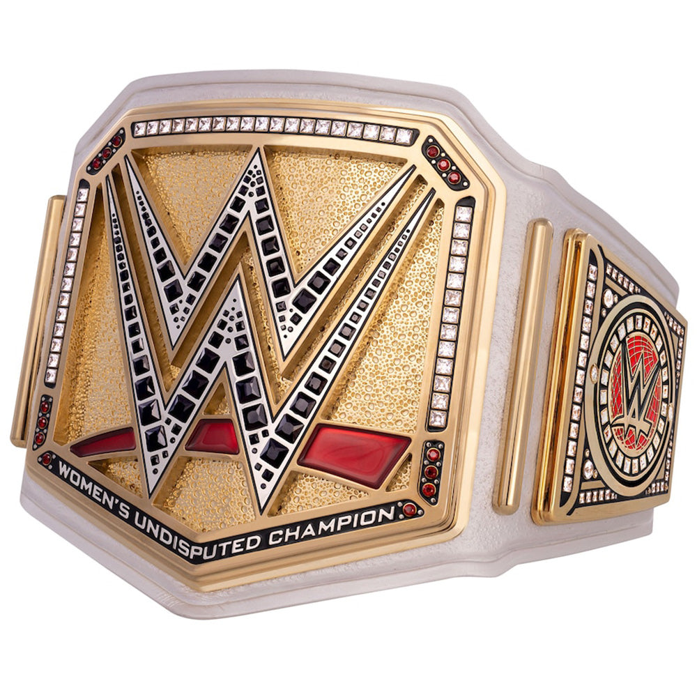 WWE women’s undisputed title belt for sale with gold plating and white leather strap