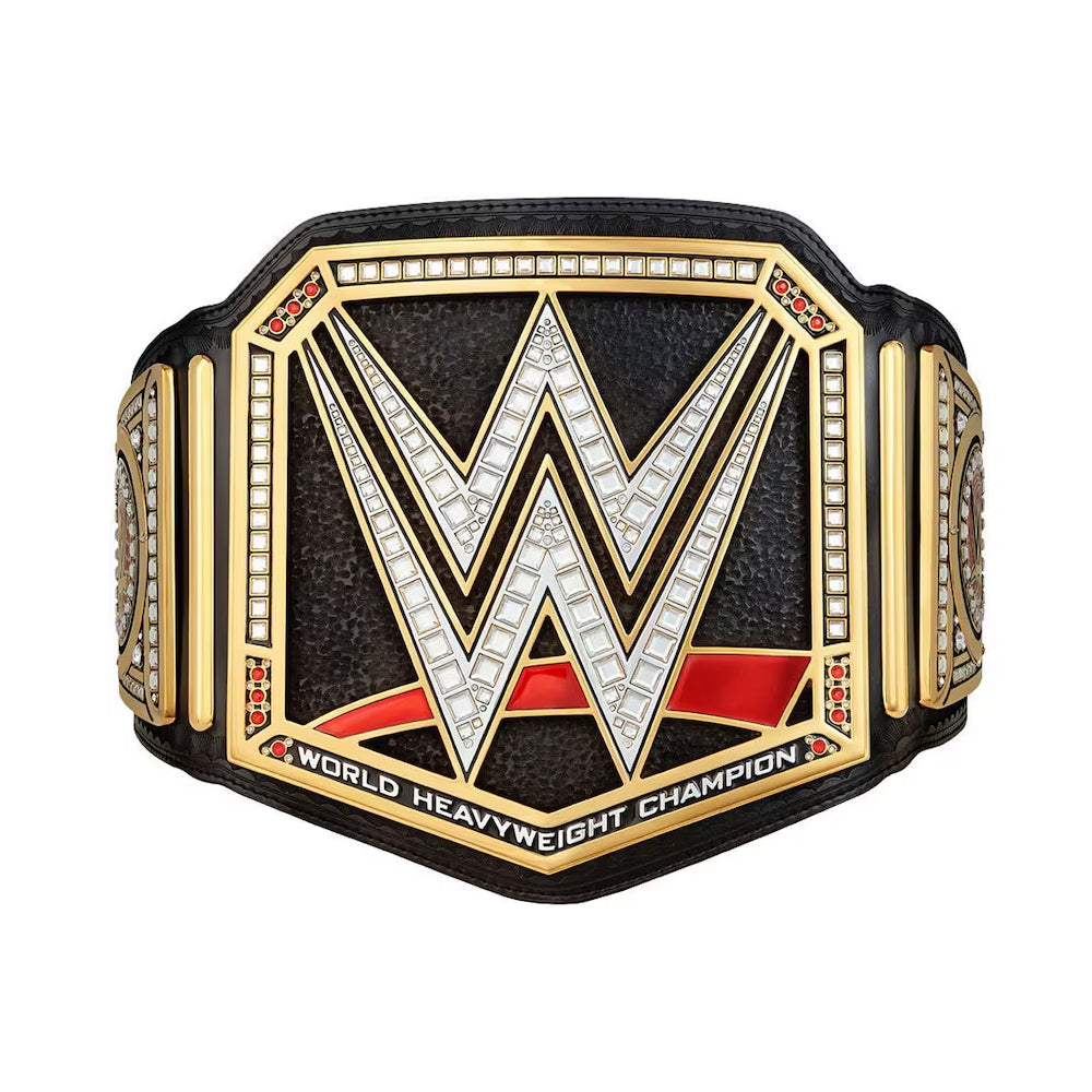 WWE championship replica belt featuring gold and silver detailing with World Heavyweight Champion title