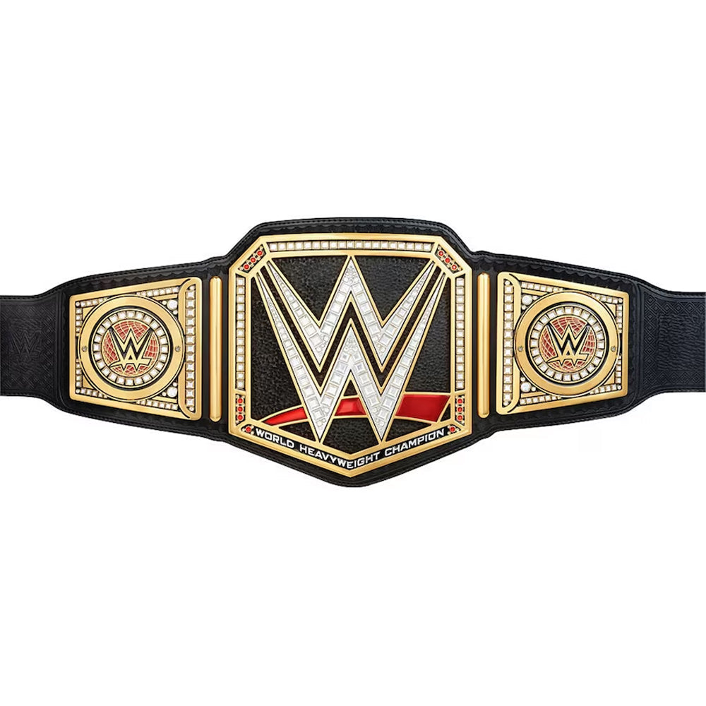 WWE championship replica belt with detailed gold plating and black leather strap from Championship Belt Store